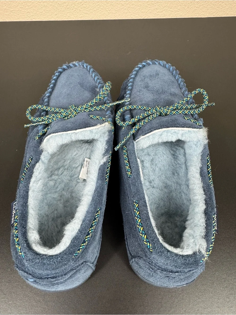 L.L.Bean Sherpa Moccasin Slippers‎ Shoes with Rubber Soles Navy EUC